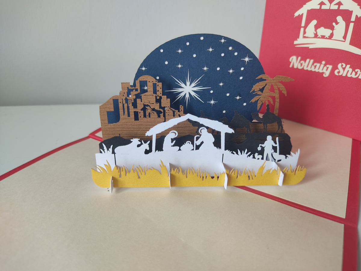 3D nativity scene pop-up card with starry night sky and stable design.