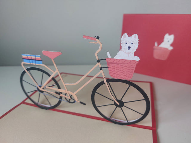 3D pop-up card with a bicycle and dog in a basket on a plain background